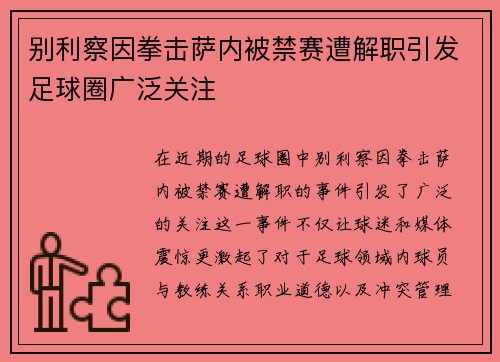 别利察因拳击萨内被禁赛遭解职引发足球圈广泛关注