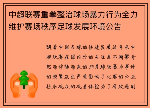 中超联赛重拳整治球场暴力行为全力维护赛场秩序足球发展环境公告